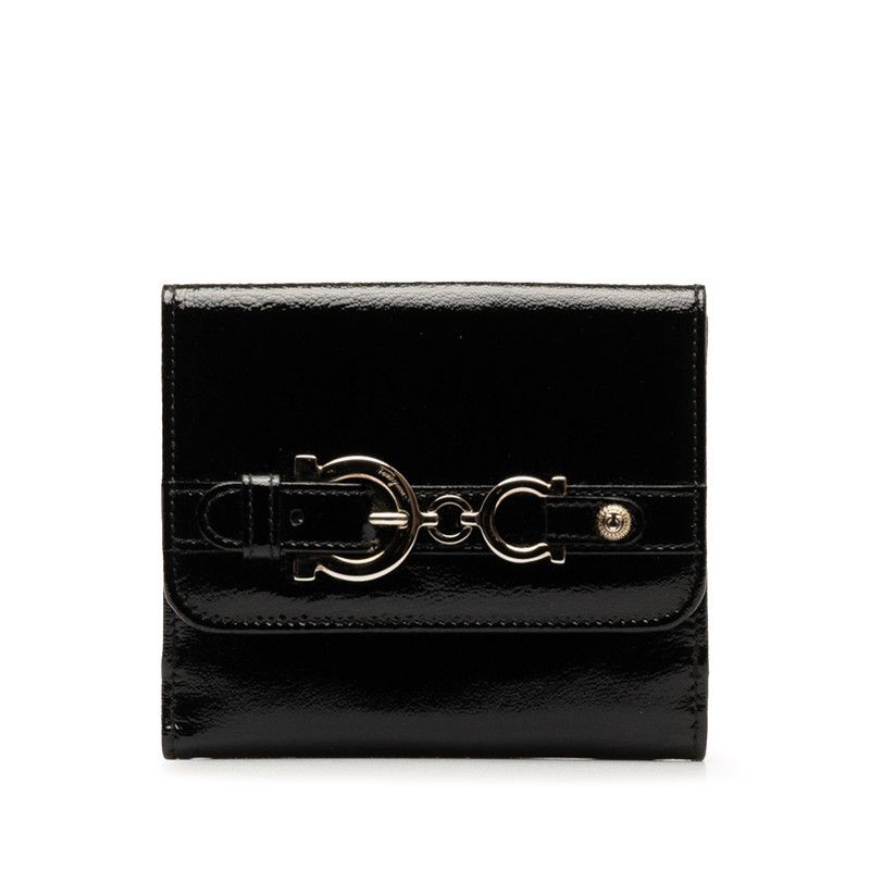 image of Salvatore Ferragamo Gancini Patent Leather Bifold Wallet in Black, Women's