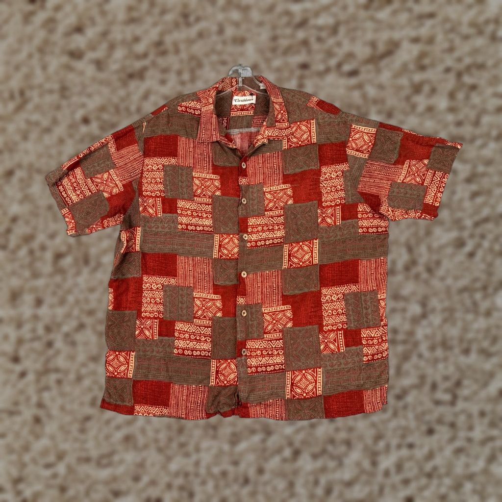 Vintage Caribbean Shirt Men XL Red Tile Geometric 100% Rayon Hawaiian Button Up Size US XL / EU 56 / 4 - 1 Thumbnail