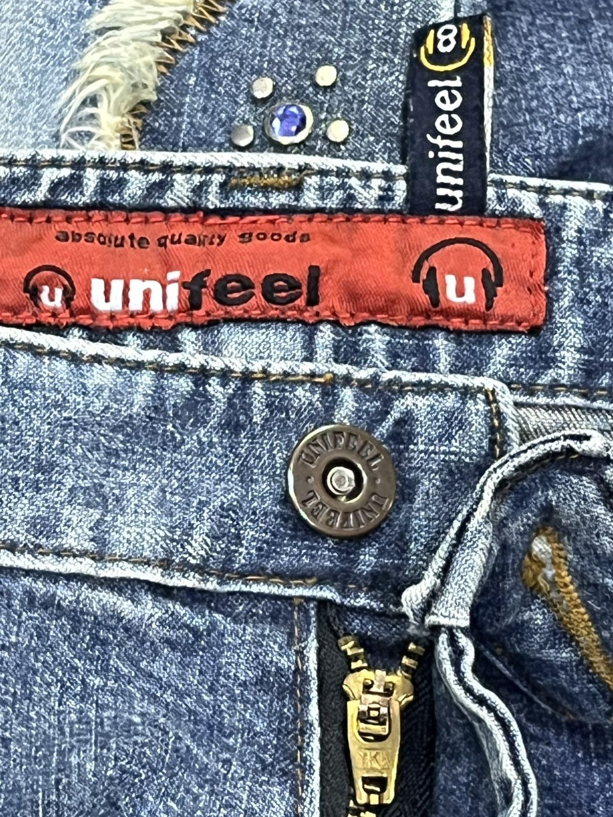 Fragment Design UNIFEEL Gemstones Studded Frayed Stretch Denim Flare Jeans Size 28" / US 6 / IT 42 - 12 Thumbnail