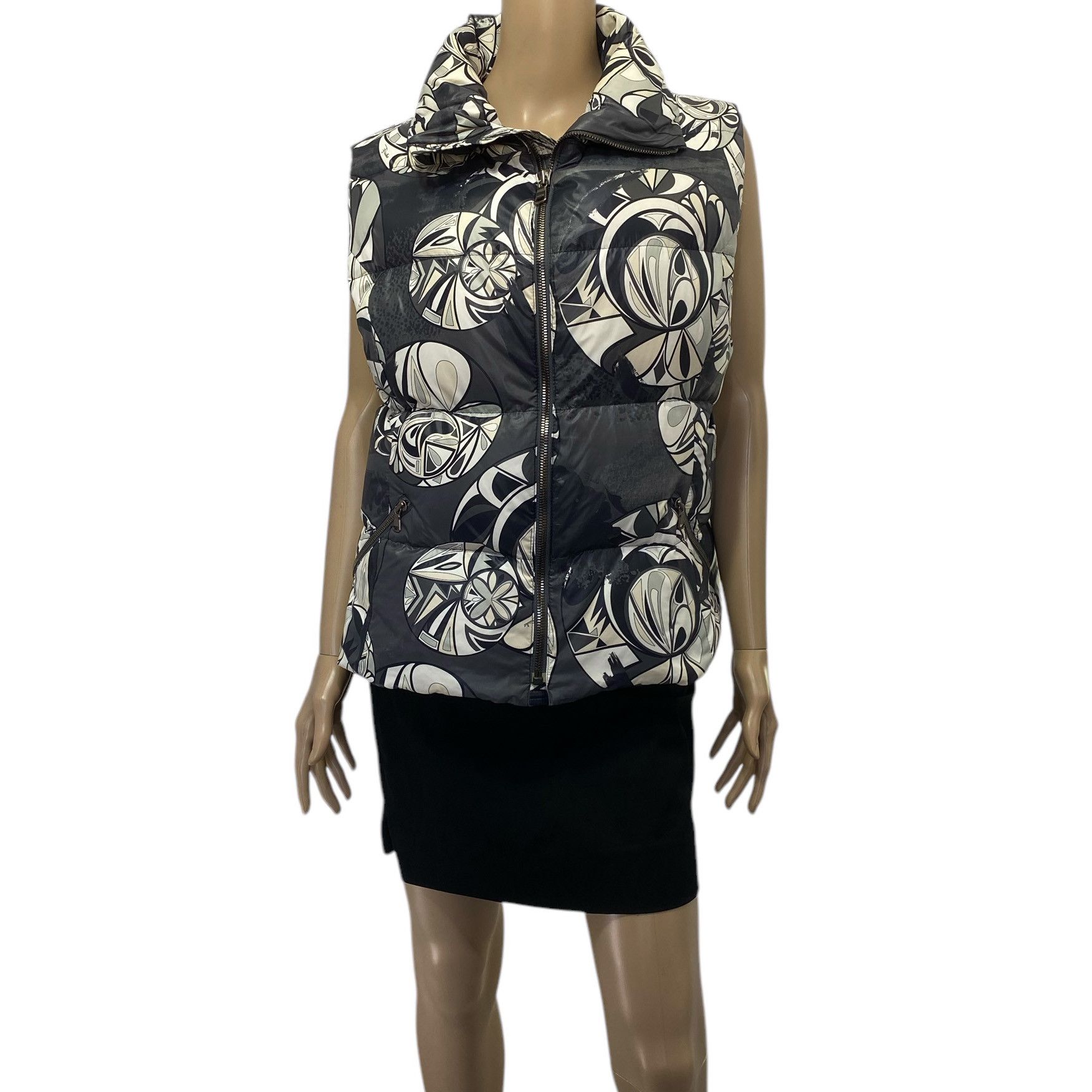 Gray White Printed Quilted Goose Down Vest Jacket
