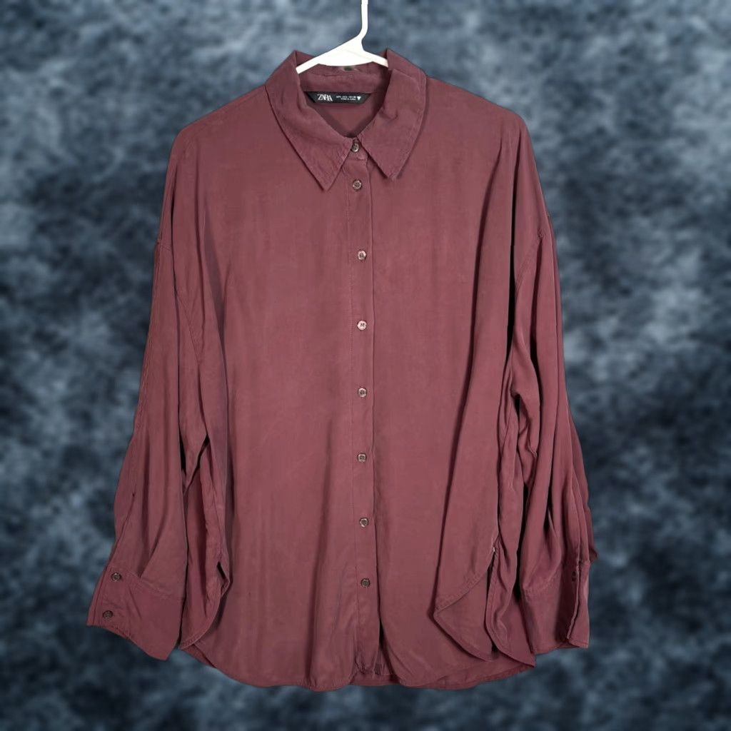 Zara Zara Button-Up Shirt Womens Burgundy Large Modal Long Sleeve Size L Size L / US 10 / IT 46 - 1 Thumbnail