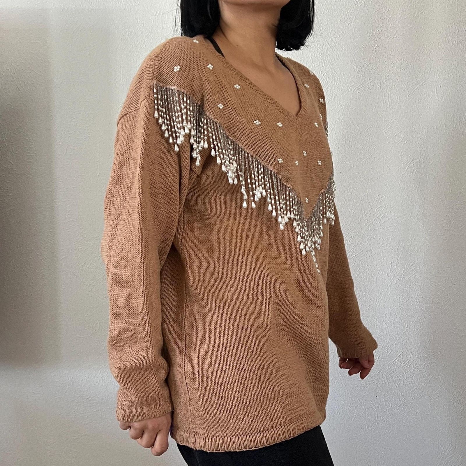 Vintage Vtg 80s beaded caramel knit pullover sweater cotton Medium Size M / US 6-8 / IT 42-44 - 8 Thumbnail