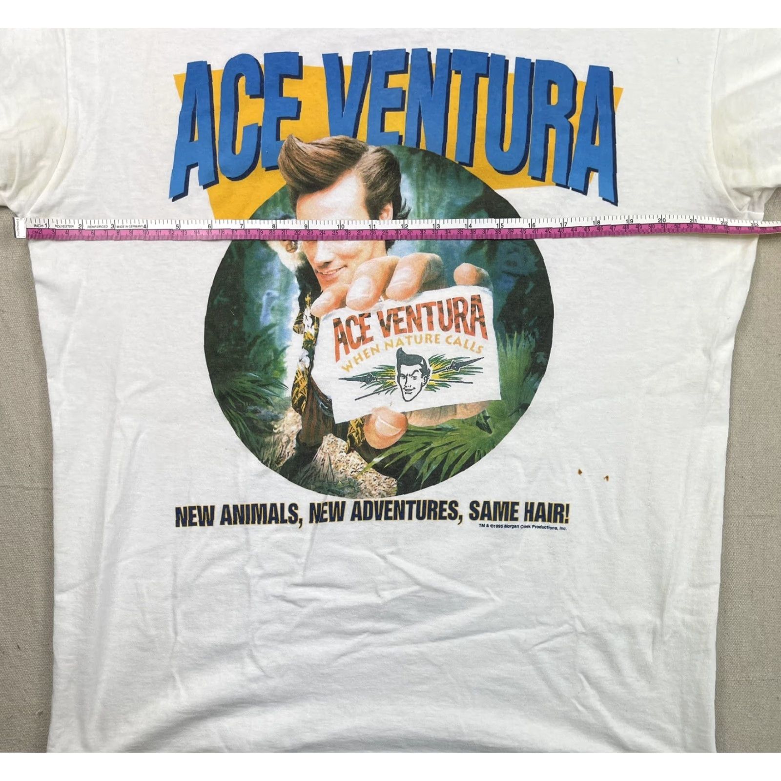 Gildan VINTAGE Ace Ventura Jim Carrey T-Shirt – Movie Logo Graphic, Cotton, White, 1995, Size L, Men, Short Sleeve, Crew Neck, Gildan, 90s Era Size US L / EU 52-54 / 3 - 4 Thumbnail