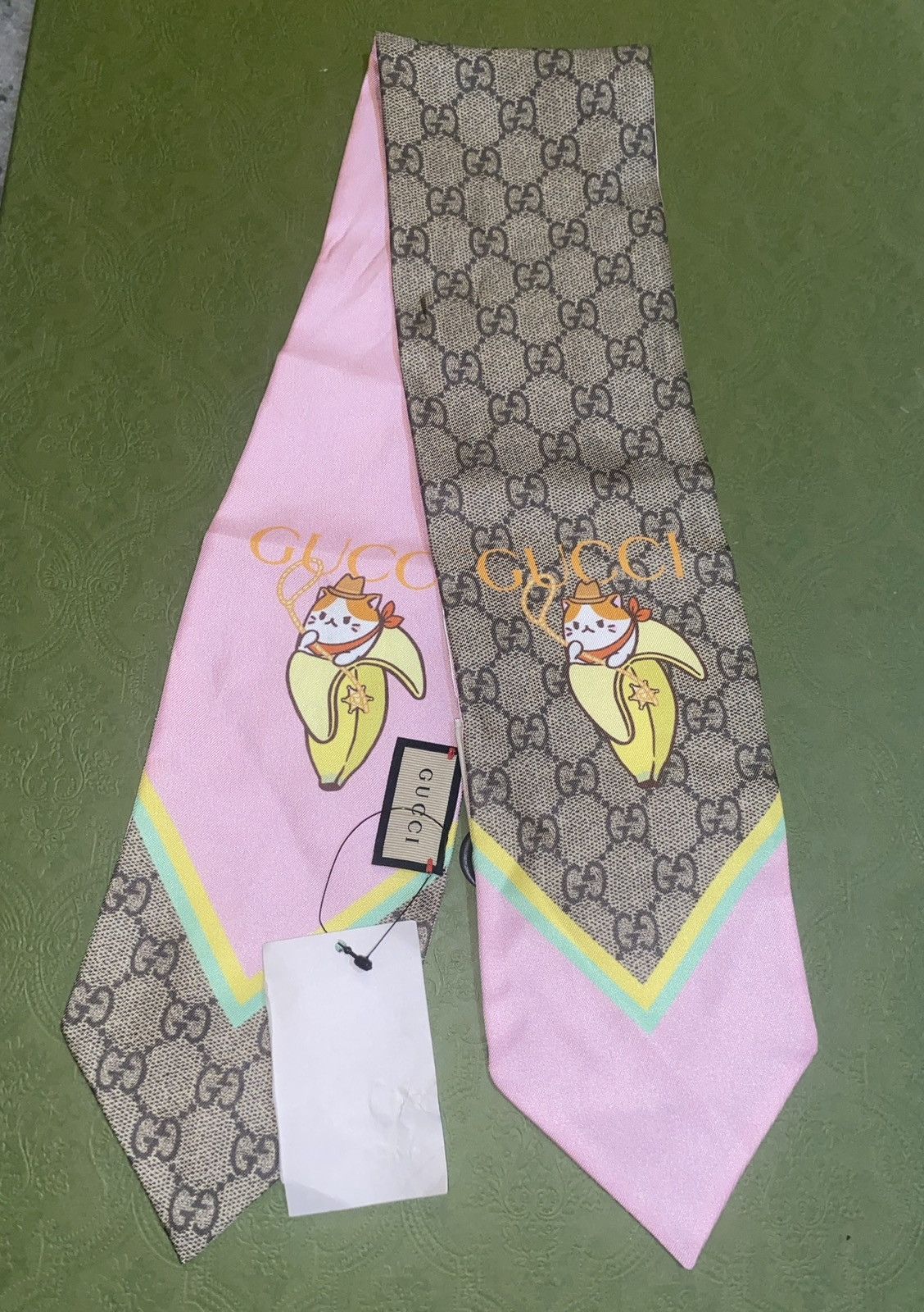image of Gucci Rainbow And Bananya Print Silk Neck Bow Pink, Women's