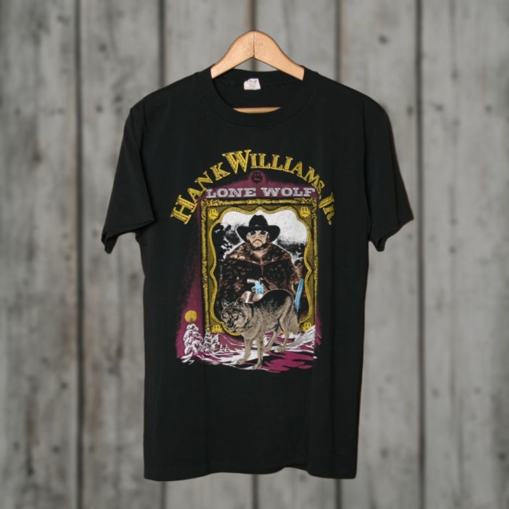 LONE WOLF VINTAGE Hank Williams Jr. Lone Wolf 1990 Concert Tour T-Shirt Sz. S/M (Has Hole) Mens Shirt Adult M Black 90s Hank Williams Jr. Concert Merch Size US M / EU 48-50 / 2 - 1 Thumbnail