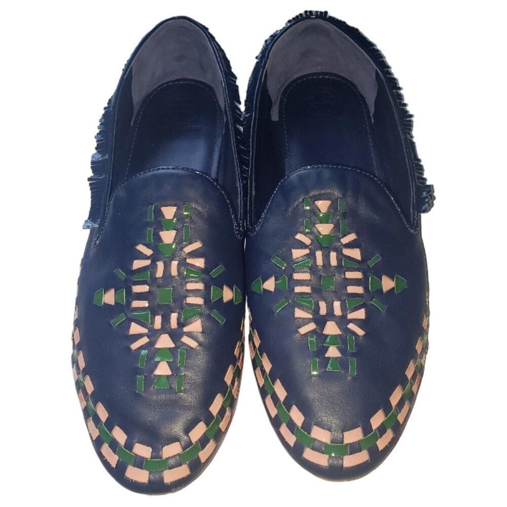 Designer SH126 Tory Burch Leather Fringed Navy Print Loafers 9.5 Size US 9.5 / IT 39.5 - 1 Thumbnail