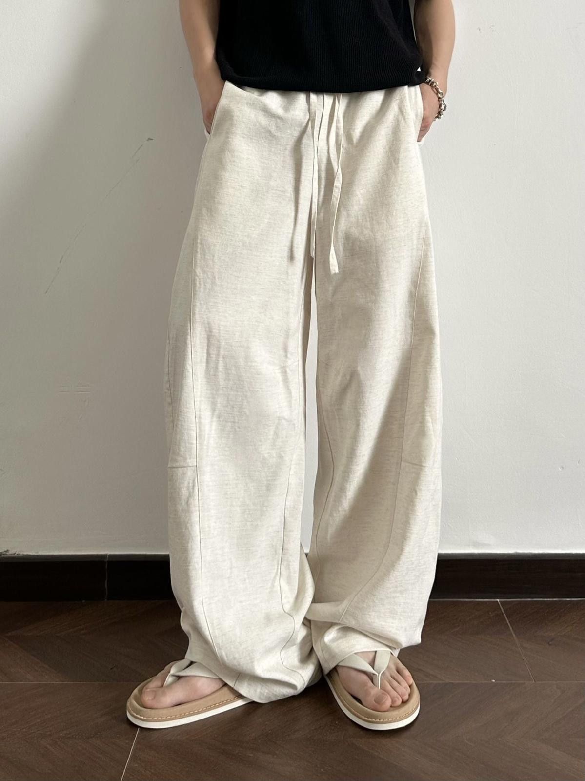 Vintage Beige Wide Leg Linen Drawstring Pants, Casual Loose Fit Size US 30 / EU 46 - 1 Thumbnail