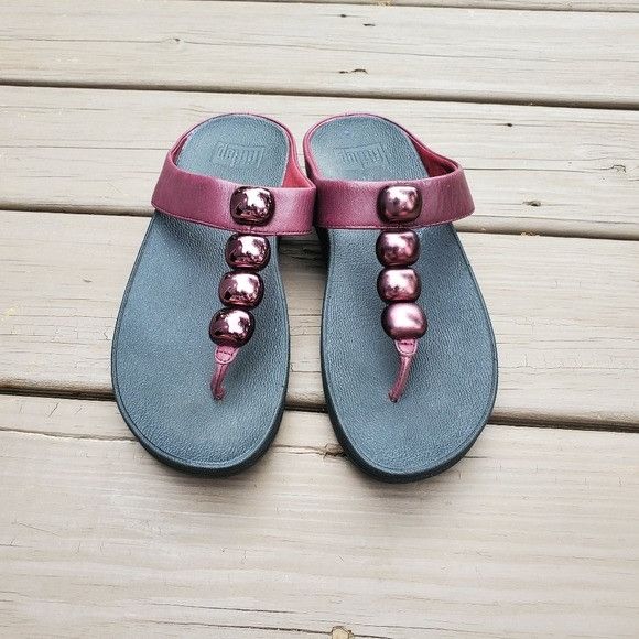 Other FitFlop Rola Hot Cherry Leather Toe-Post Wedge Comfy Sandals Size US 7 / IT 37 - 5 Thumbnail
