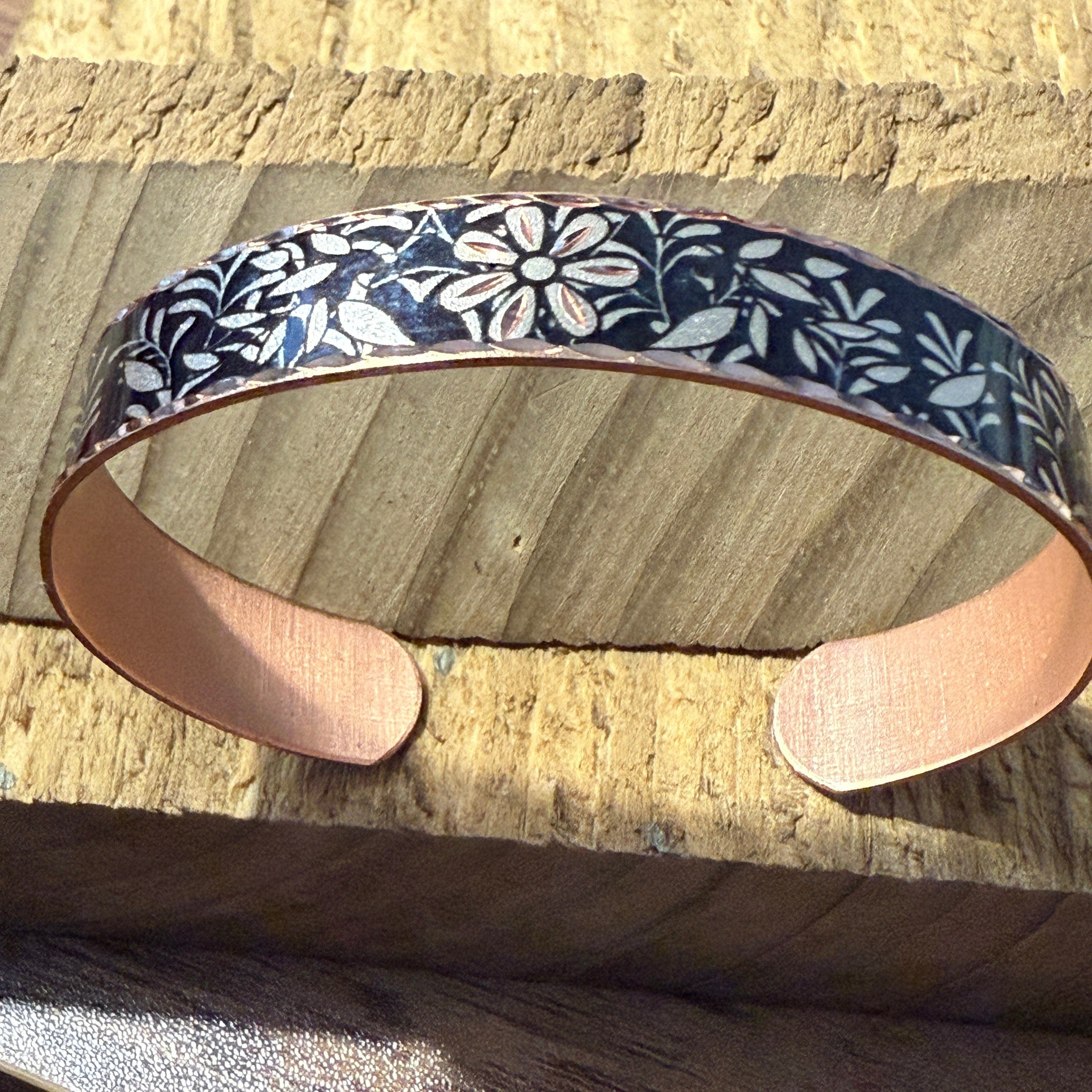 Other Handcrafted Copper Black Diamond Floral Narrow Cuff Bracelet Size ONE SIZE - 3 Thumbnail