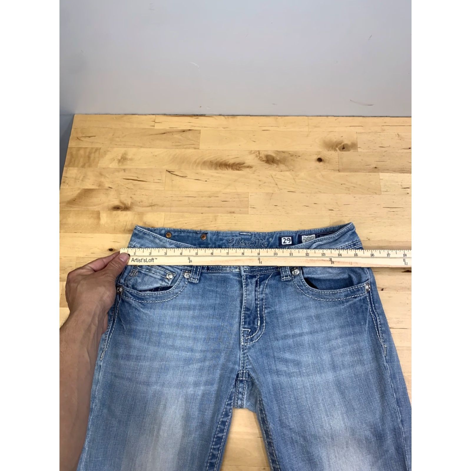 Miss Me VINTAGE Miss Me Jeans Womens Flared 5-Pocket Denim Blue 29x31 Peace Symbol Embellished 12719 Mens? Size 29" - 6 Thumbnail