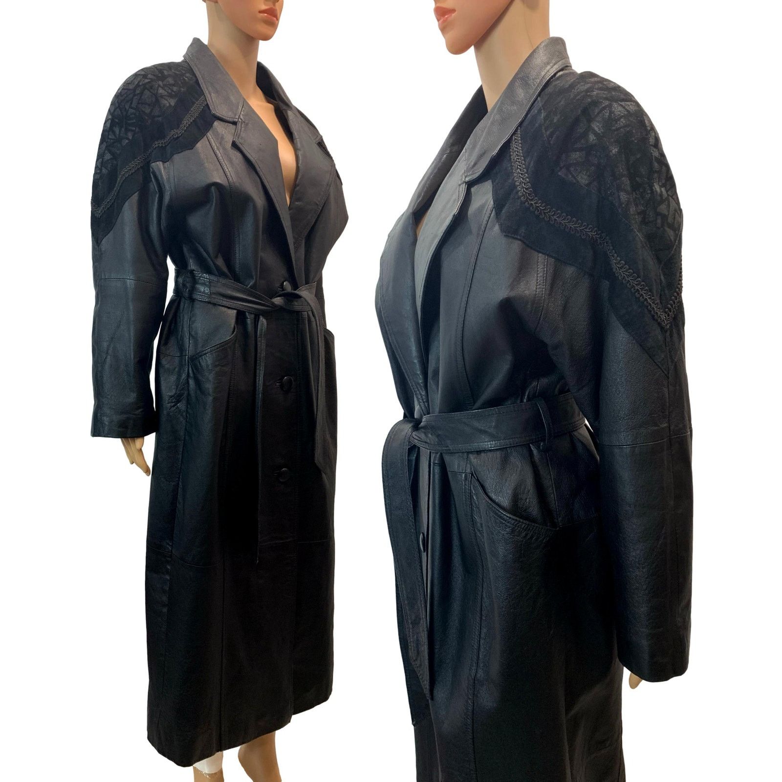 Vintage 90s BLACK Leather & Suede Maxi Trench Coat w Belt | Sm Size S / US 4 / IT 40 - 4 Thumbnail