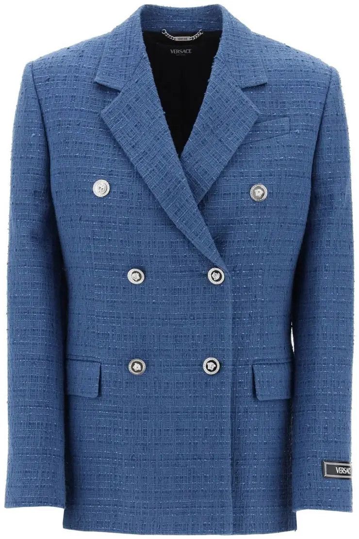 image of Versace O1S22I1N0324 Double-Breasted Tweed Blazers In Light Blue, Women's (Size Medium)