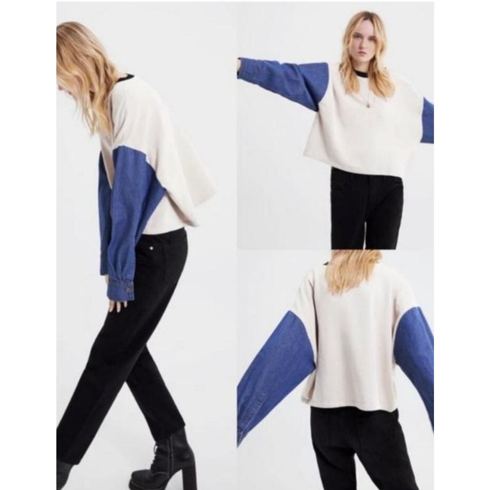 Zara ZARA Oversized Knit Puff Denim Sleeves Crew Neck S A001643 Size S / US 4 / IT 40 - 1 Thumbnail