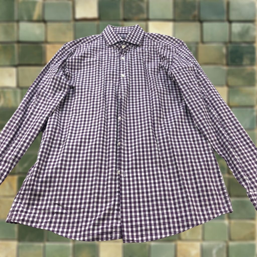 Hugo Boss HUGO BOSS Dress Shirt Purple Check Long Sleeve 16 34/35 Slim Fit 100% Cotton Button Shirt Mens Size 42R - 1 Thumbnail
