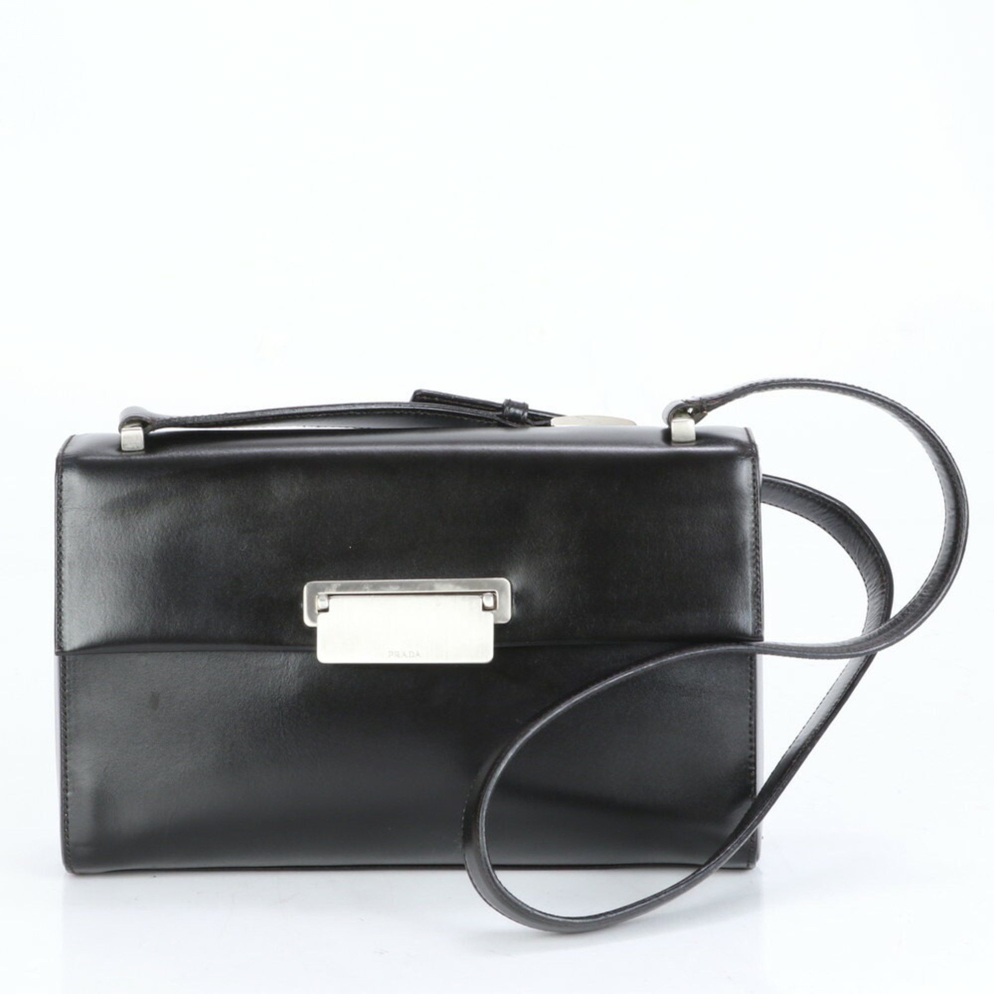 Prada Leather Shoulder Bag Crossbody Hand Tote Black Silver Metal Fittings Women's