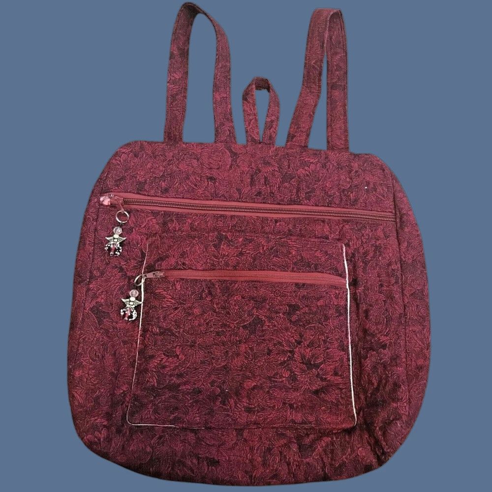 Vintage Lamar Bags by Lauren Backpack Women Burgundy Leaf Pattern Cotton Zipper Pockets Adjustable Straps 12"h x 14"l x 3"d Size ONE SIZE - 1 Thumbnail