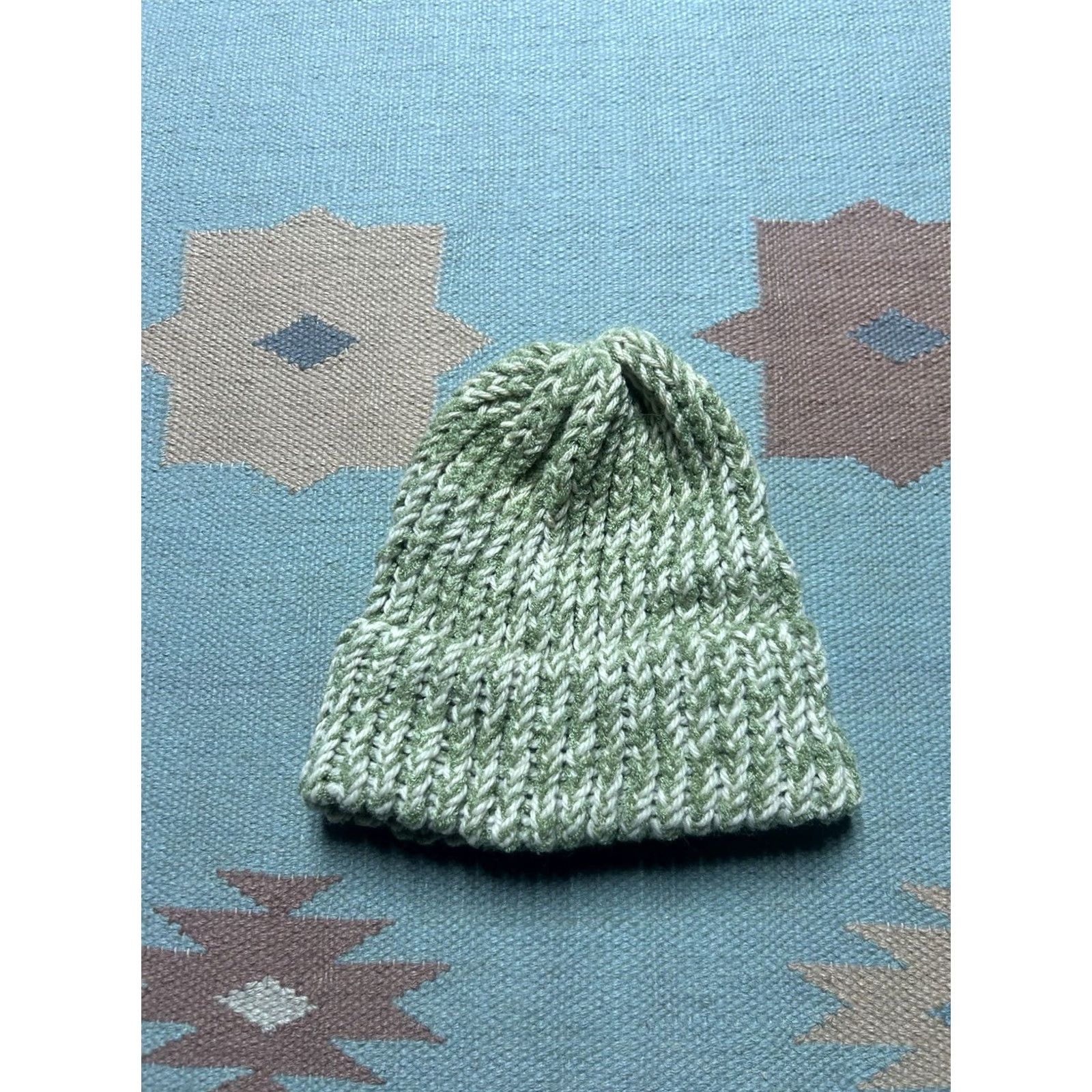 Vintage VINTAGE Hand knit crochet beanie skull cap winter hat light green white adult one size Size ONE SIZE - 3 Thumbnail