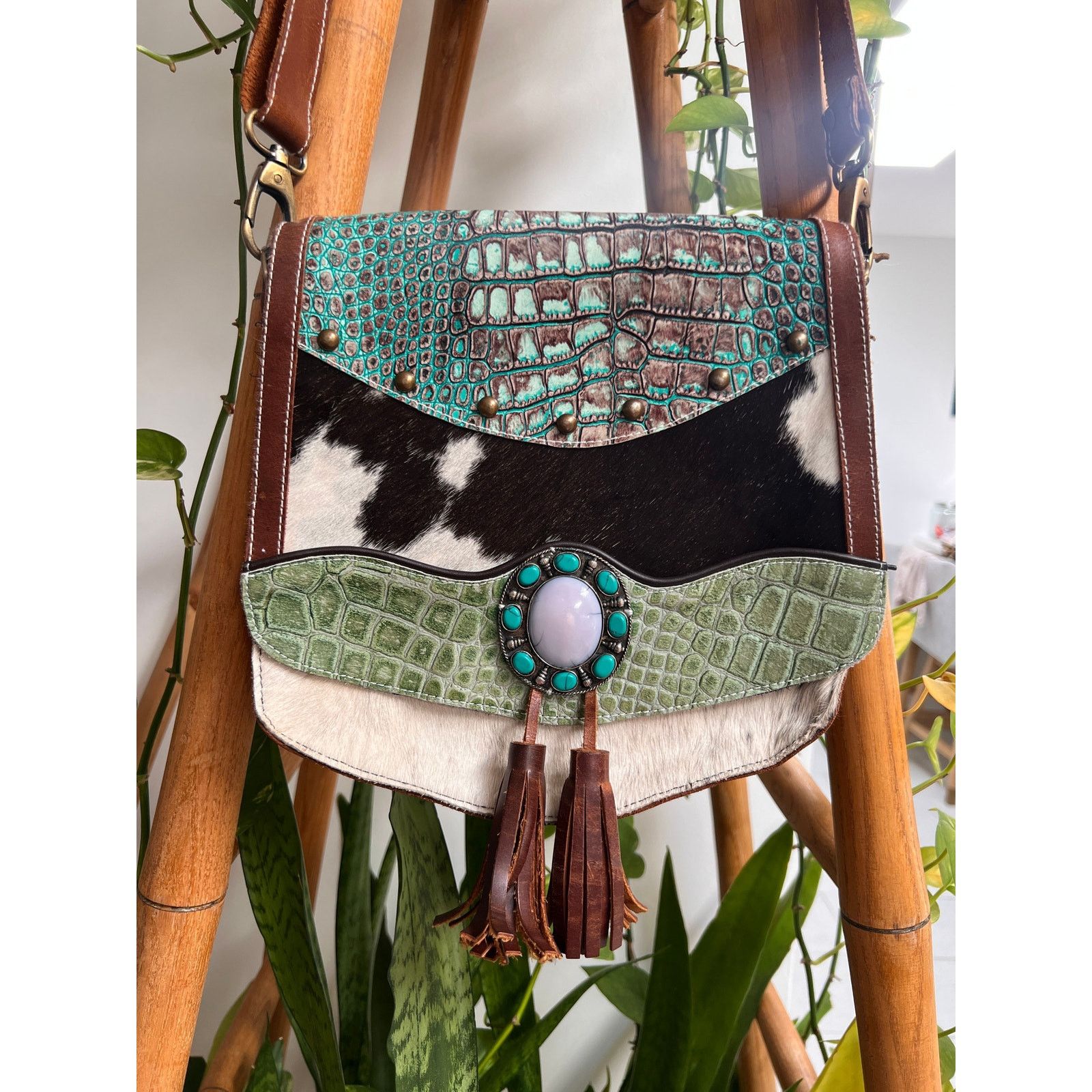 Other Vintage Cowhide Leather Bag with Turquoise Stones Size ONE SIZE - 1 Thumbnail