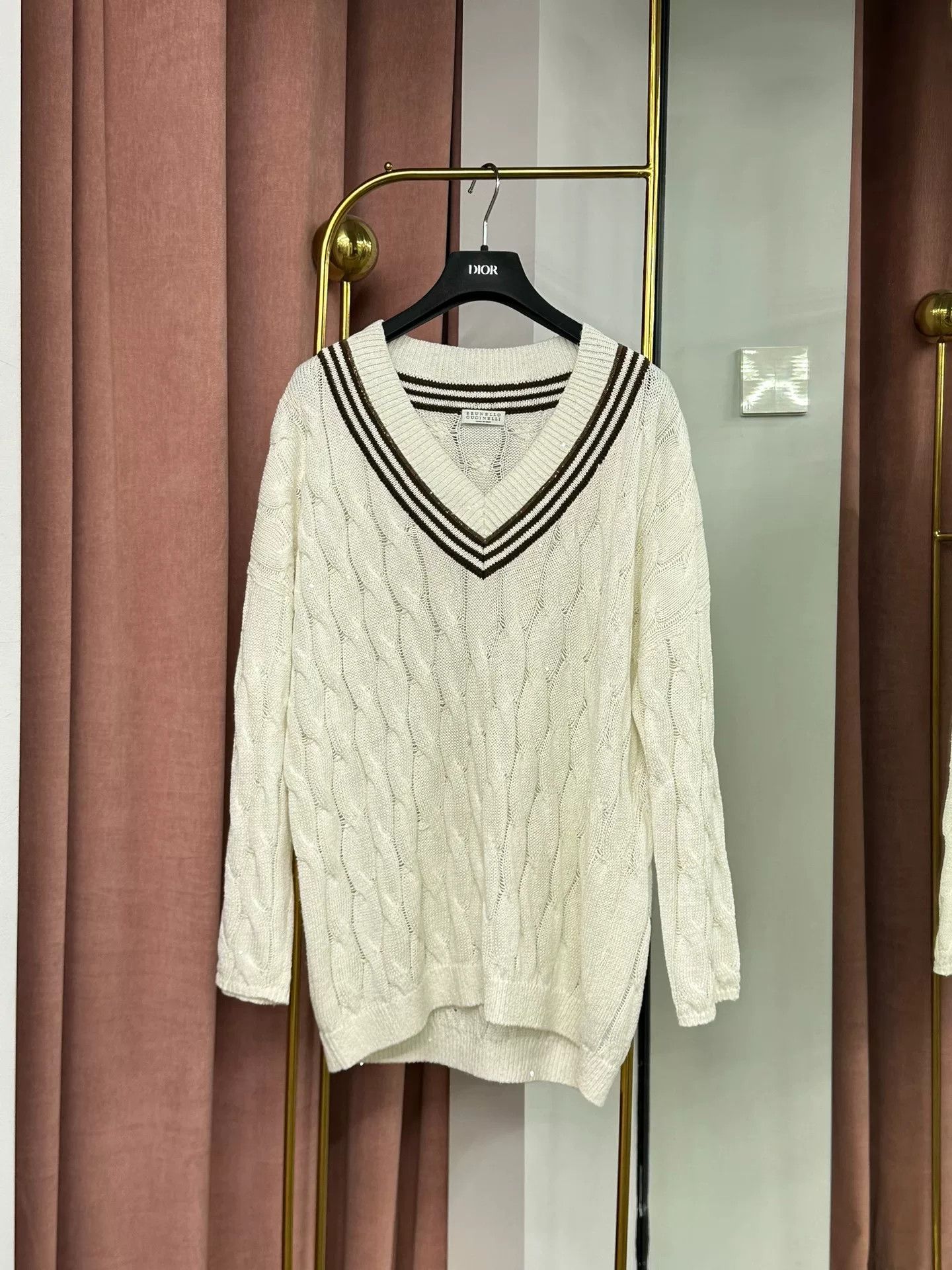 Brunello Cucinelli Brunello Cucinelli White Sequin V-Neck Sweater Size US L / EU 52-54 / 3 - 1 Thumbnail