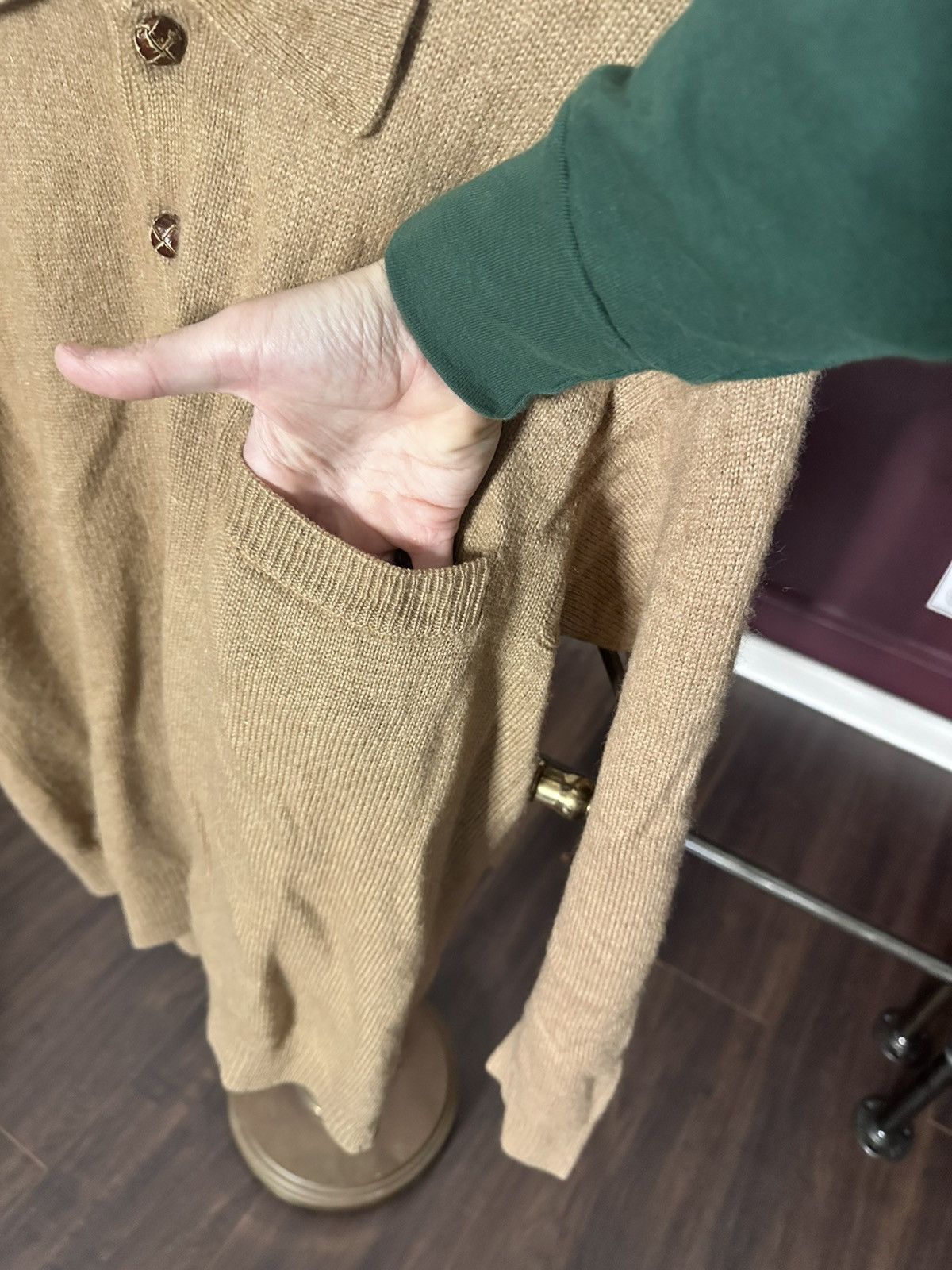 Other HERMES (?) camel/alpaca elbow patch polo sweater beige knit Size US L / EU 52-54 / 3 - 5 Thumbnail