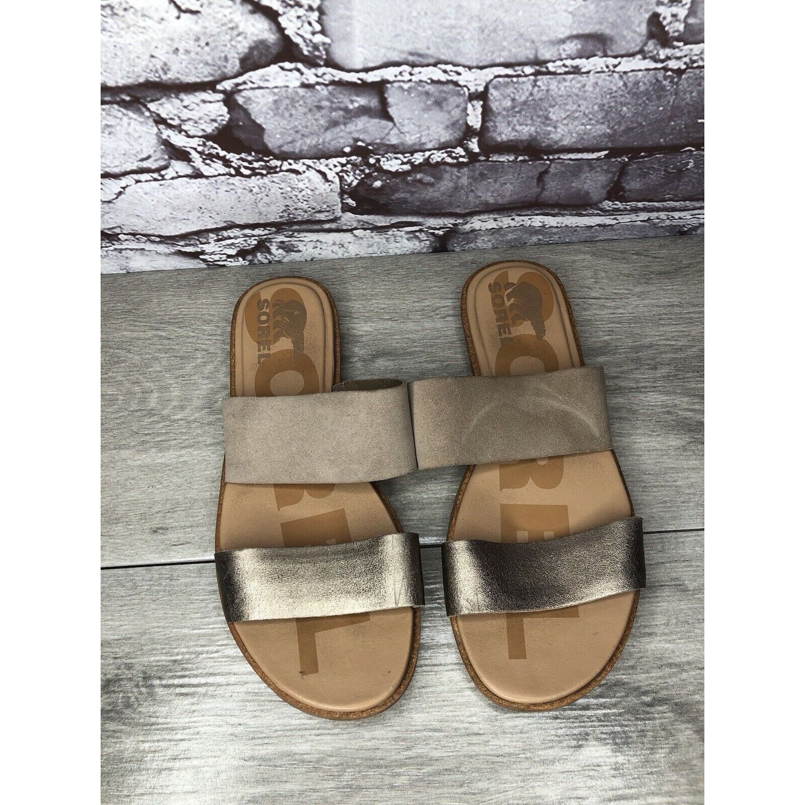 SOREL Sorel Taupe Suede Gold Leather Slides Sandals Women Sz 8.5M Size US 8.5 / IT 38.5 - 2 Thumbnail