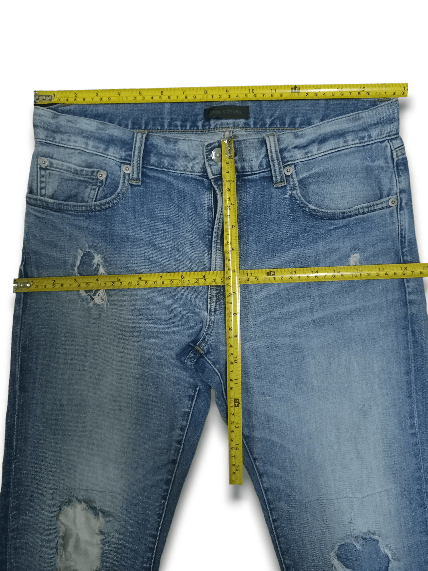 Japanese Brand × Uniqlo Vintage Uniqlo Blue Wash Distressed Patched Jeans 33x28 Size US 33 - 10 Thumbnail