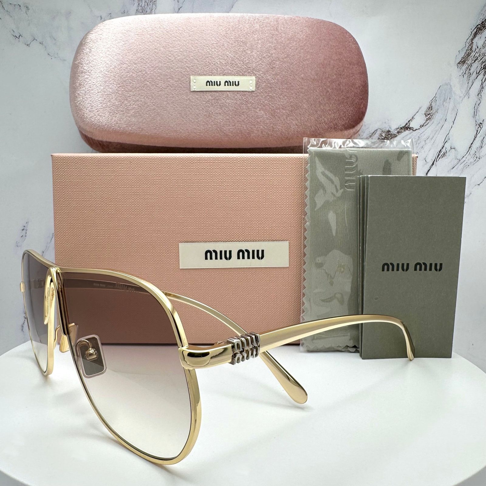 New MIU MIU Sunglasses Gold Brown Gradient Metal Aviator