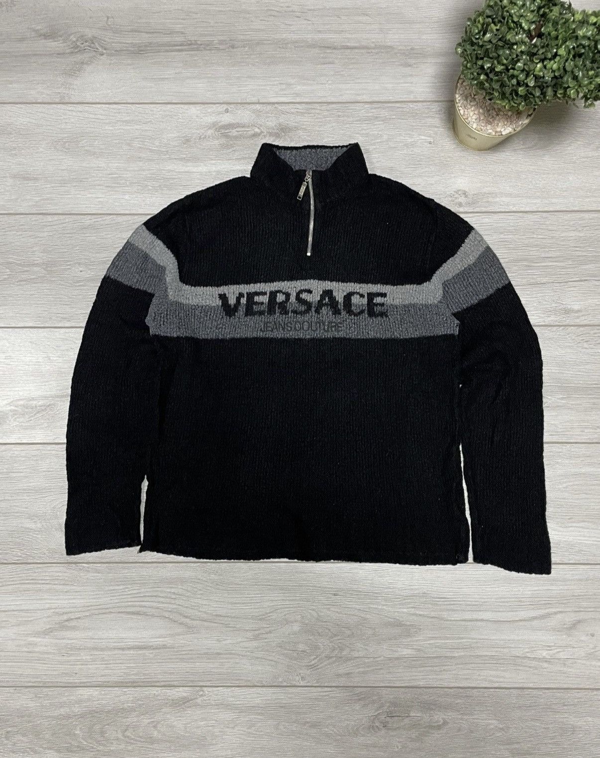 Versace quarter 1/4 zip fuzzy sweater spell out big logo eb0