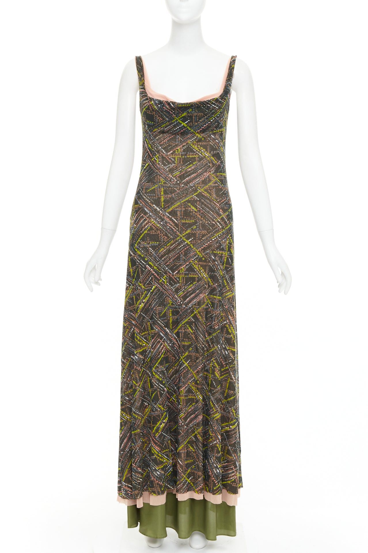 SEVERINE PERAUDIN Vintage Sinop brown opium purple abstract print polyamide silk long dress M