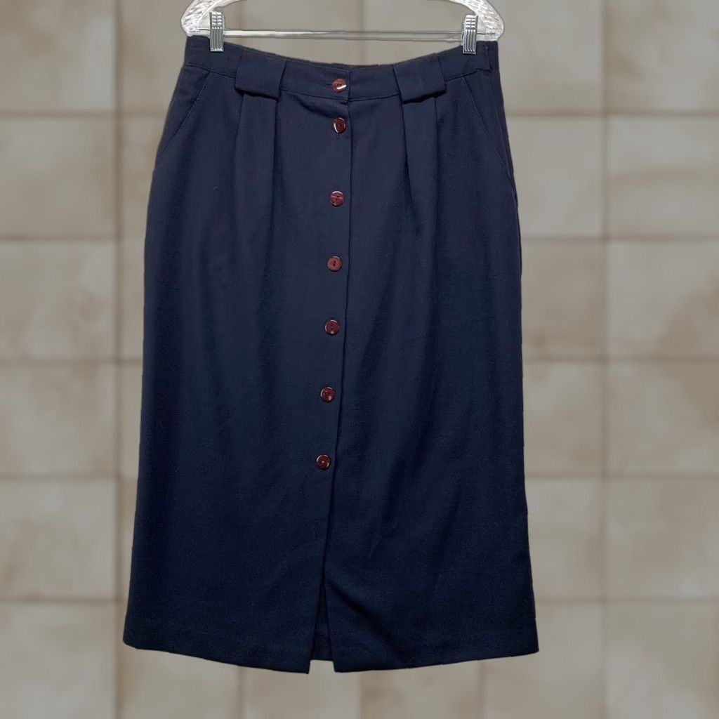 Vintage Womens Christy Girl Vintage Skirt Made USA Navy Blue Button Petite 12P Knee Length Tailored Pants No, sorry Size 34" / US 12 / IT 48 - 1 Thumbnail