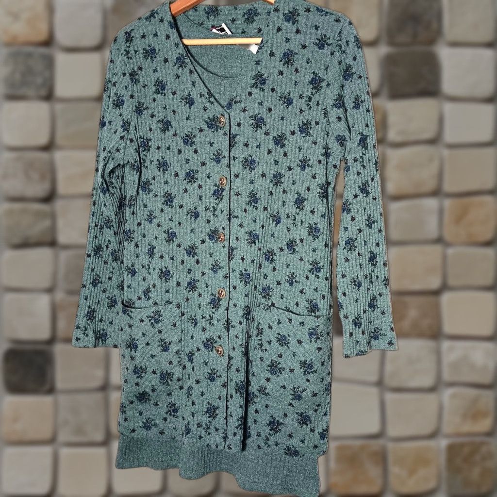Vintage VINTAGE Pink Rose LA Gal Dress 2 Piece Set Women 12 Green Blue Floral Ribbed Knit Button Cardigan Tank Dress Winter Fall Spring Size XL / US 12-14 / IT 48-50 - 1 Thumbnail