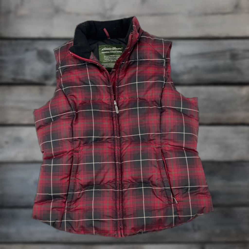 Eddie Bauer Vest Puffer Goose Down Insulated Red Plaid Tartan Short Stand-Up Zip Woman M Medium Womens Casual 90s Classic Outdoor