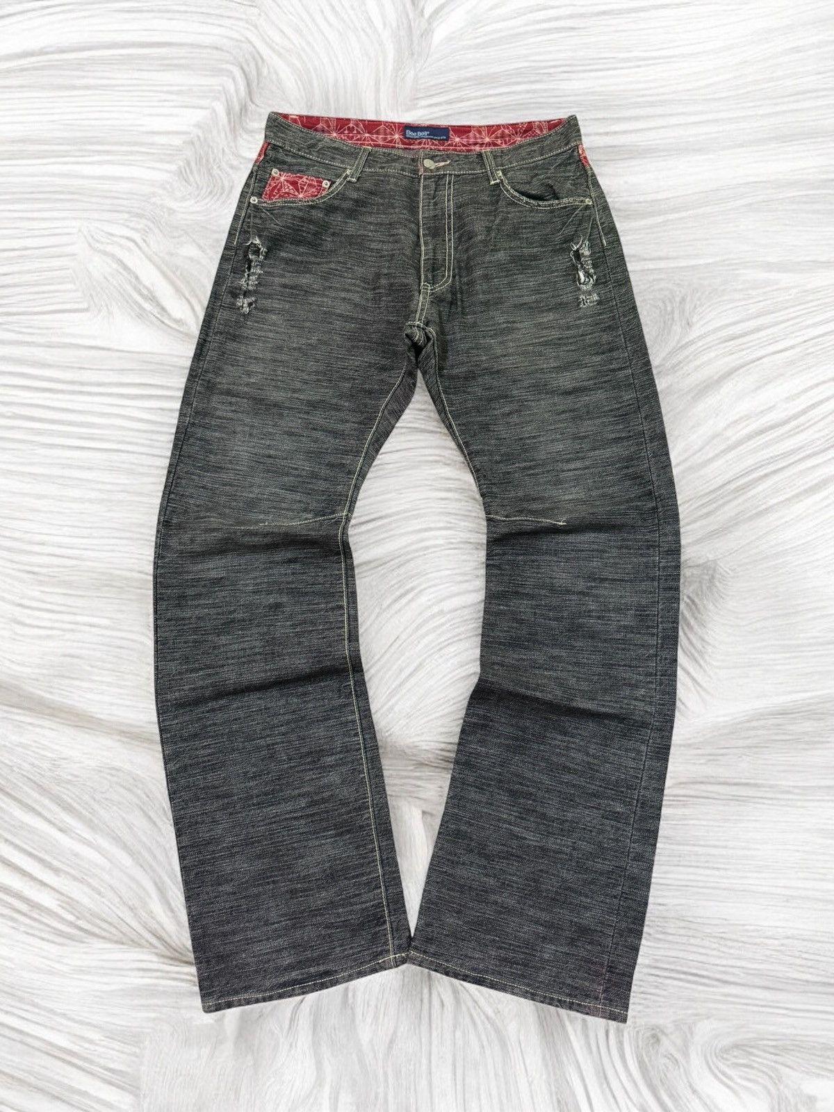 Hysteric Glamour Distressed Bee Bell Floral Red Pattern Accents Style Denim Size US 31 - 2 Thumbnail
