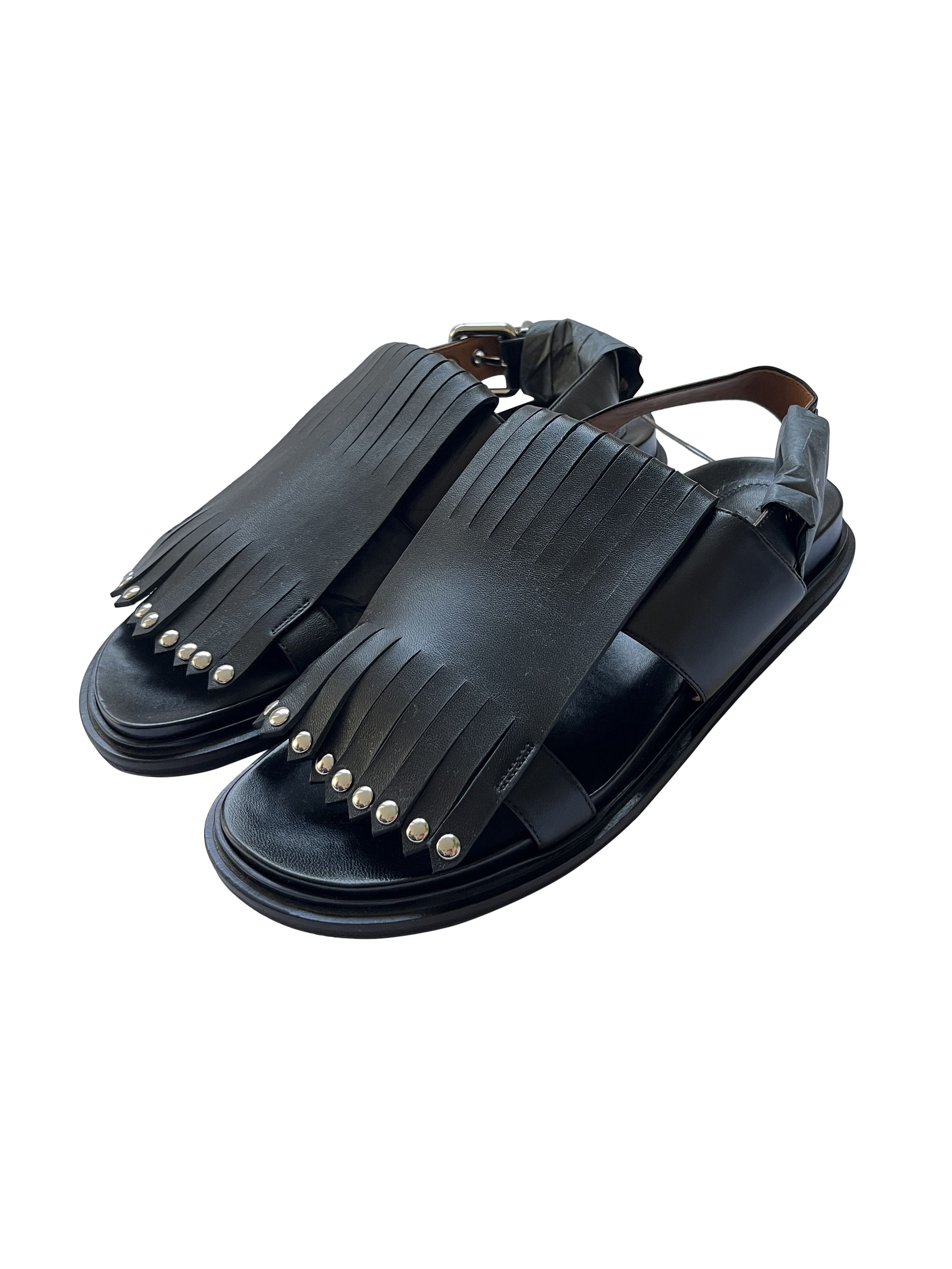 image of Marni Fussbett Black Fringe Studded Sandals, Women's (Size 11)