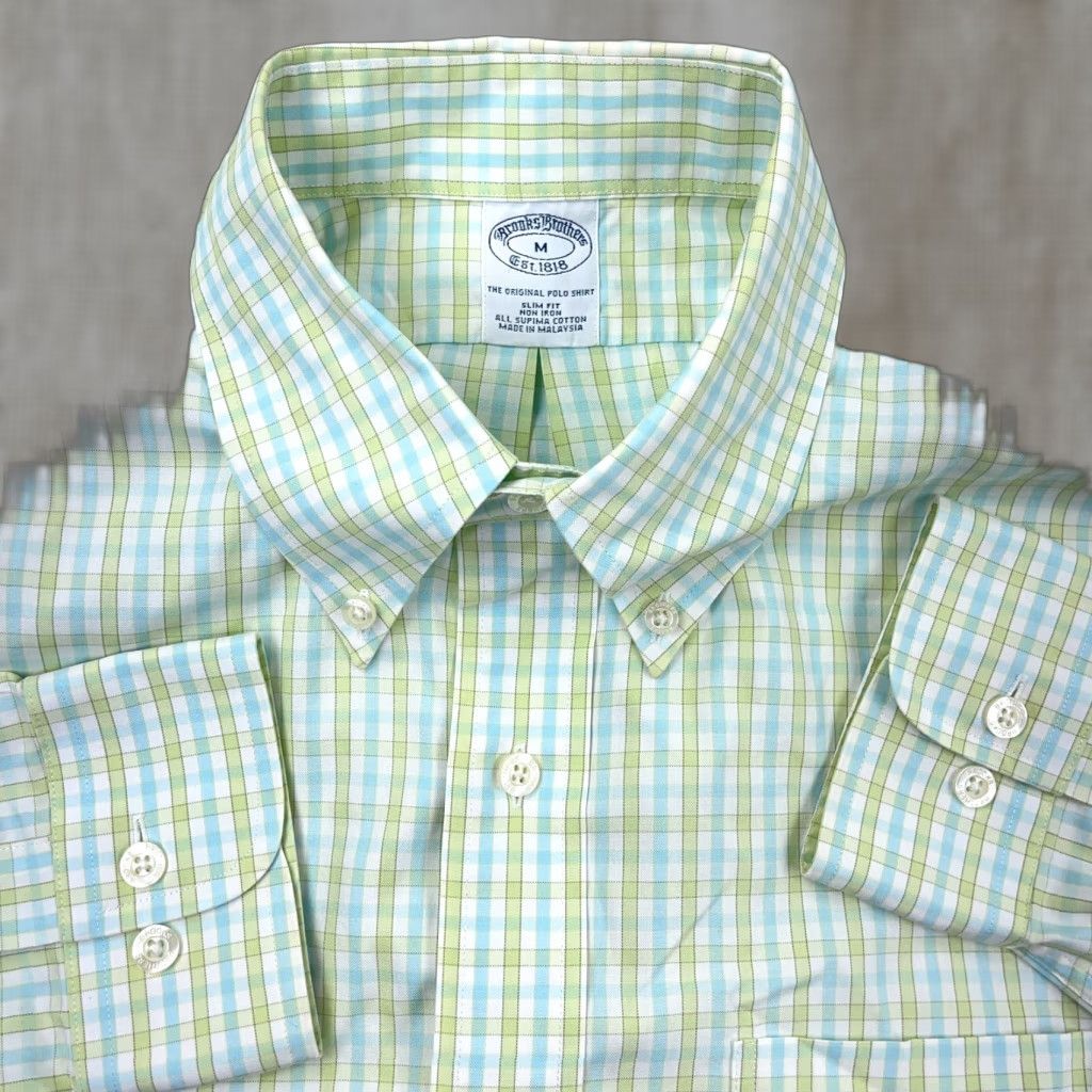 Brooks Brothers Brooks Brothers Men's Slim Fit Green Plaid Button-Up Shirt Medium Casual Dress Size 40R - 1 Thumbnail