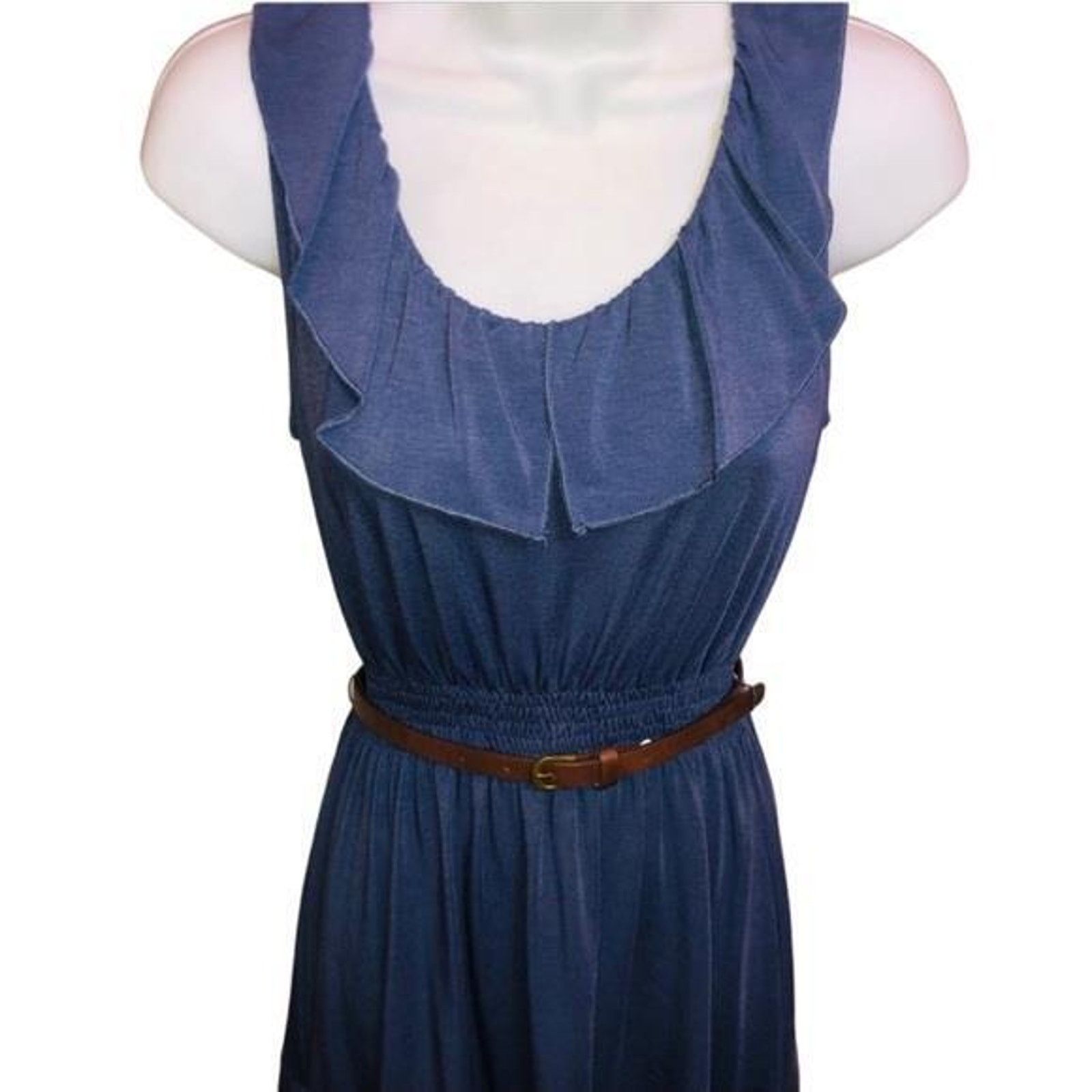 Other Xhilaration Casual Navy Blue Ruffle Sleeveless Belted Dress Size XS / US 0-2 / IT 36-38 - 3 Thumbnail
