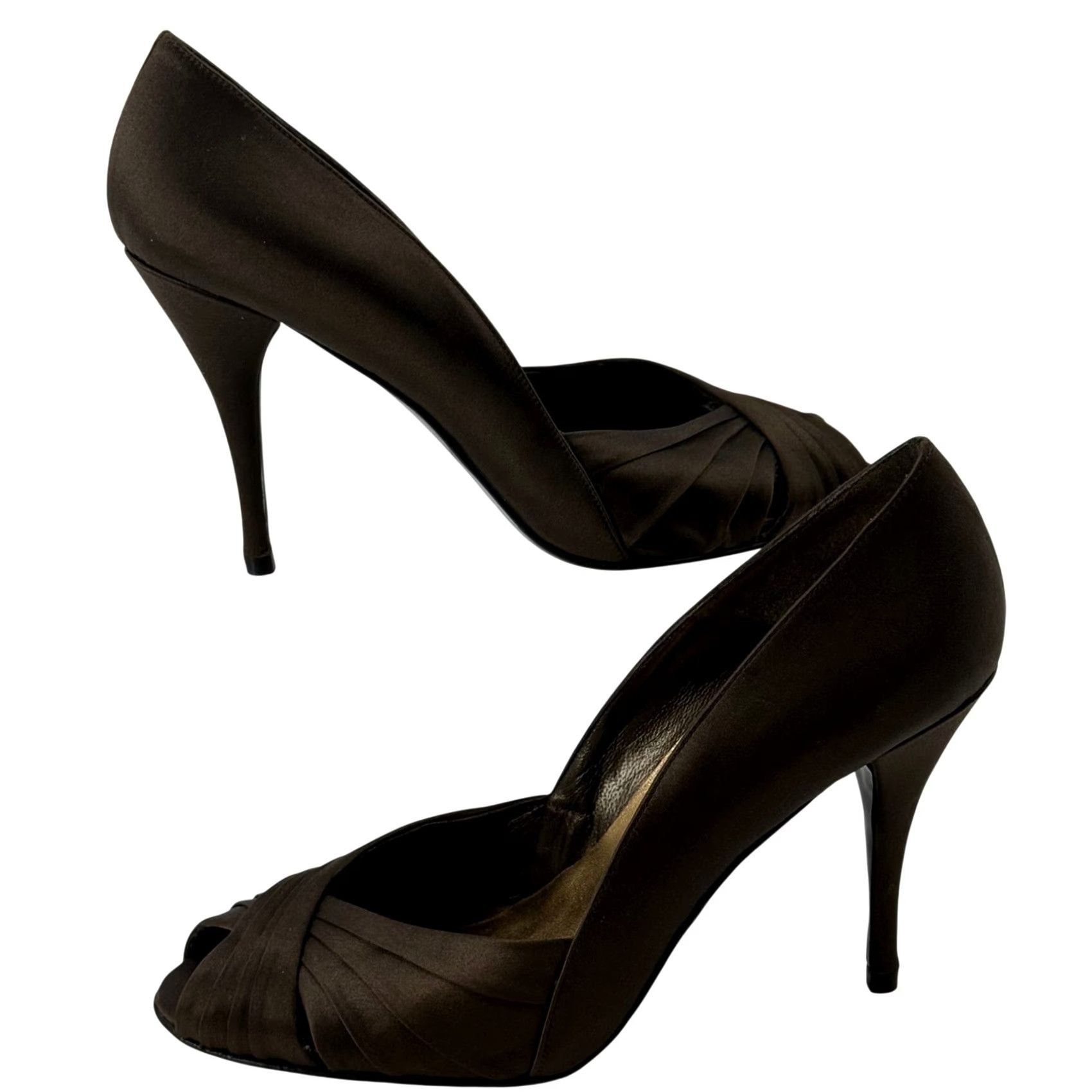 Stuart Weitzman Stuart Weitzman Womens 9 Extra Peep Toe Pump Chocolate Brown Satin Pleated Heel Size US 9 / IT 39 - 5 Thumbnail
