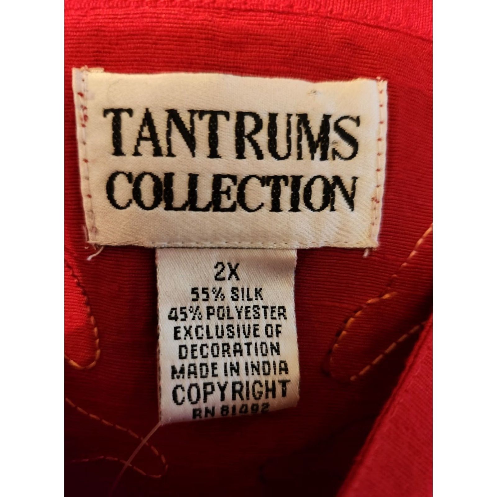 Vintage Tantrums Jacket Red Silk Blend Embroidered 2X Women Blazer, Plus Size, Dry Clean Only, Buttonless? (Note: Original did not specify buttons) Size XXL / US 16-18 / IT 52-54 - 6 Thumbnail