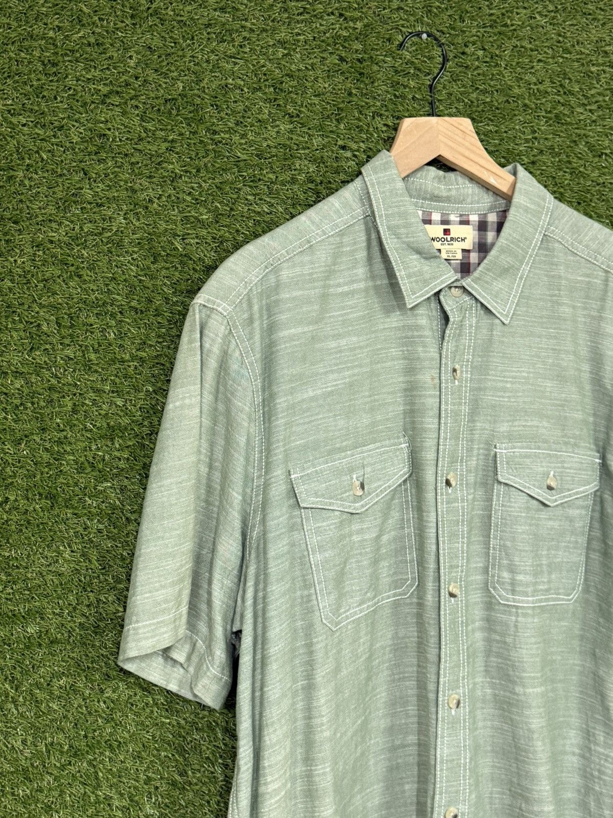 Woolrich Woolen Mills Woolrich Green Short Sleeve Button Up Collar Shirt XL Size US XL / EU 56 / 4 - 2 Thumbnail