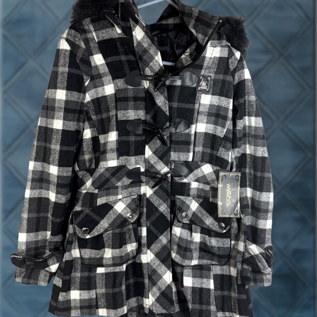 Rocawear Rocawear Coat Womens M Black Plaid Hooded Toggle Pockets Fur Trim Winter Parka Jacket Size M / US 6-8 / IT 42-44 - 1 Thumbnail