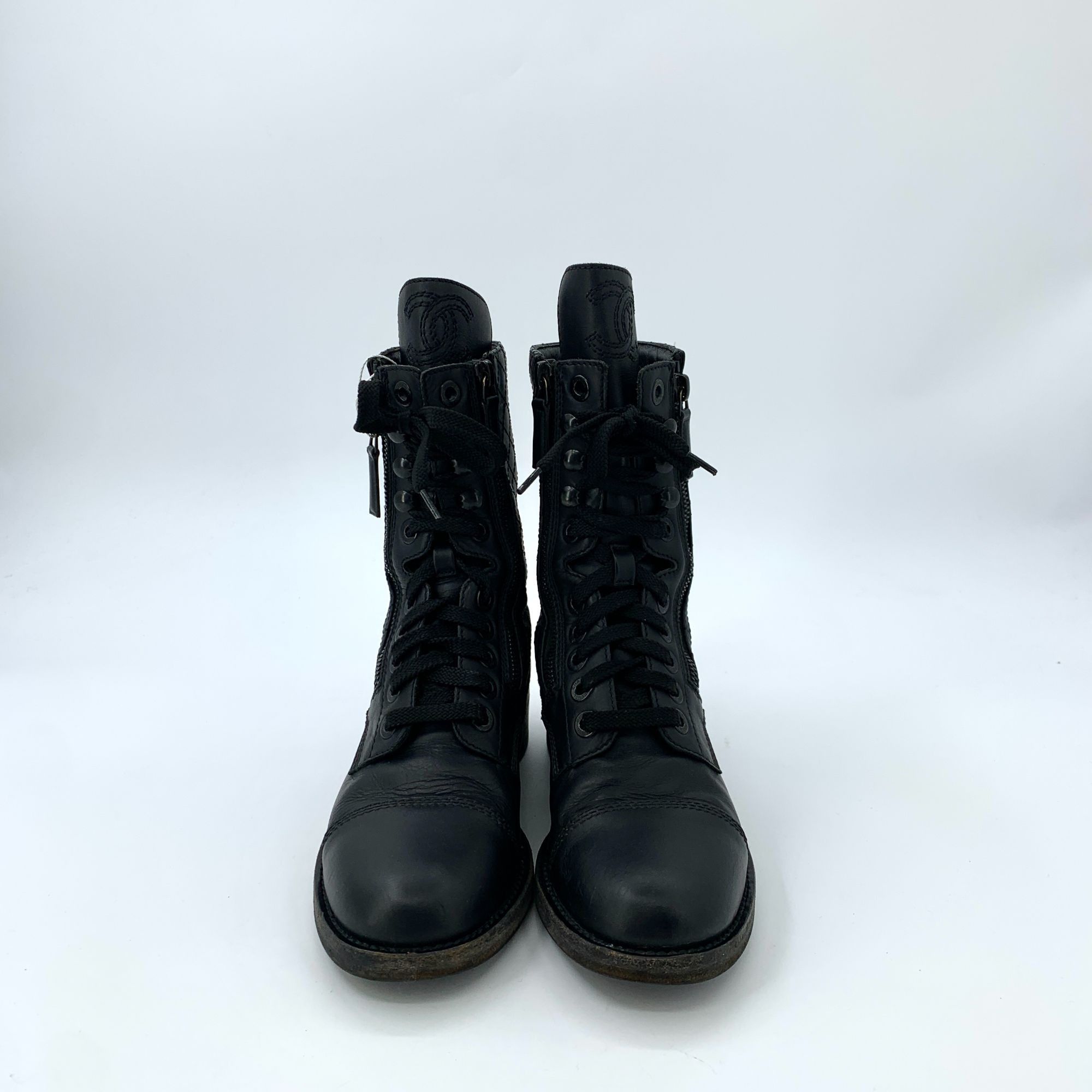 Chanel Chanel Black Lace-Up Leather Combat Boots With Quilted Side Size US 5.5 / IT 35.5 - 3 Thumbnail