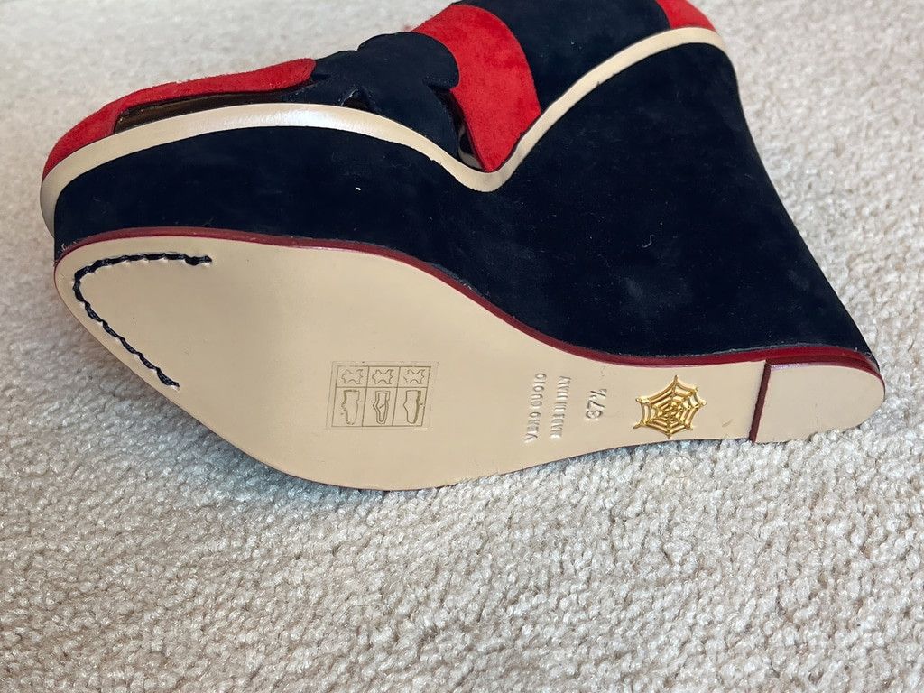 Charlotte Olympia NEW Charlotte Olympia Lady Luck Suede Wedges 37.5 Black Red Size US 7.5 / IT 37.5 - 6 Thumbnail