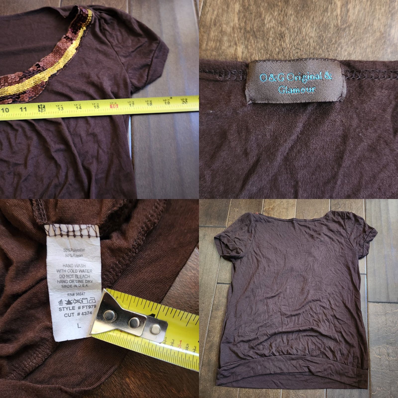 Vintage Glamour Blouse Shirt Junior L Brown Sequin Solid Short Sleeve Pullover Casual Party/Cocktail Fall Spring Summer Winter Women's Juniors L Size L / US 10 / IT 46 - 8 Thumbnail
