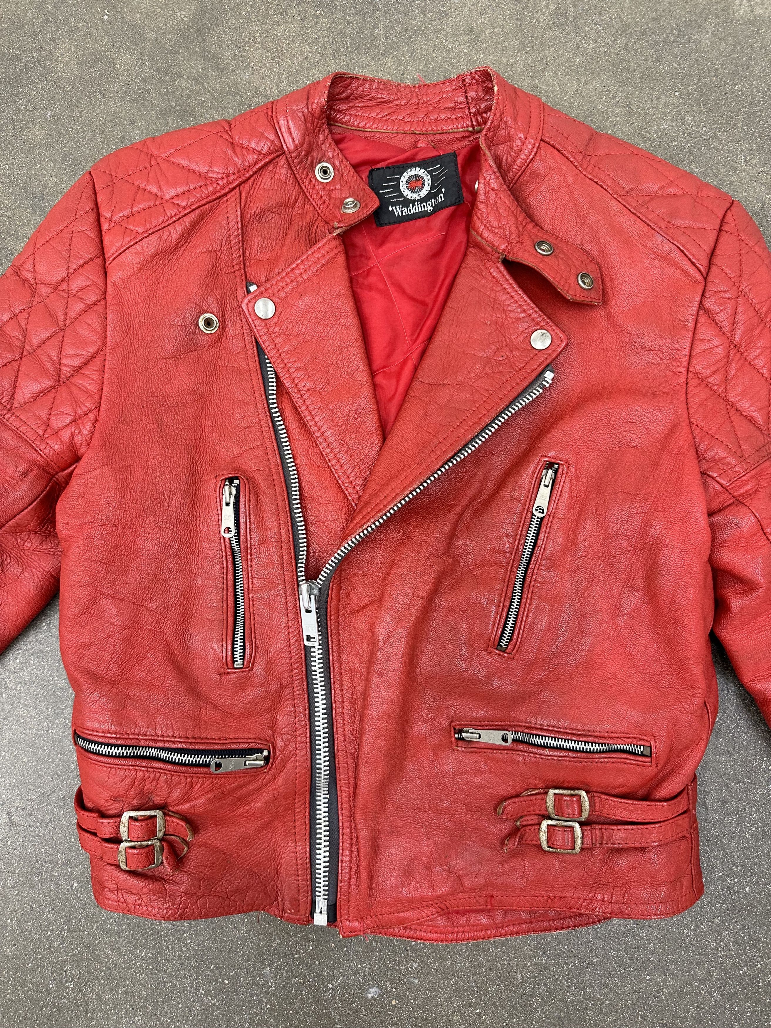 Image of Vintage 80's Made In Uk Waddington Red Leather Biker Jacket, Men's (Size Small)