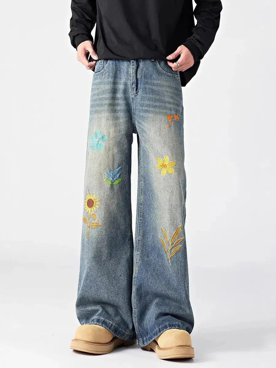 Japanese Brand Retro loose wide leg embroidered jeans Size US 32 / EU 48 - 2 Thumbnail