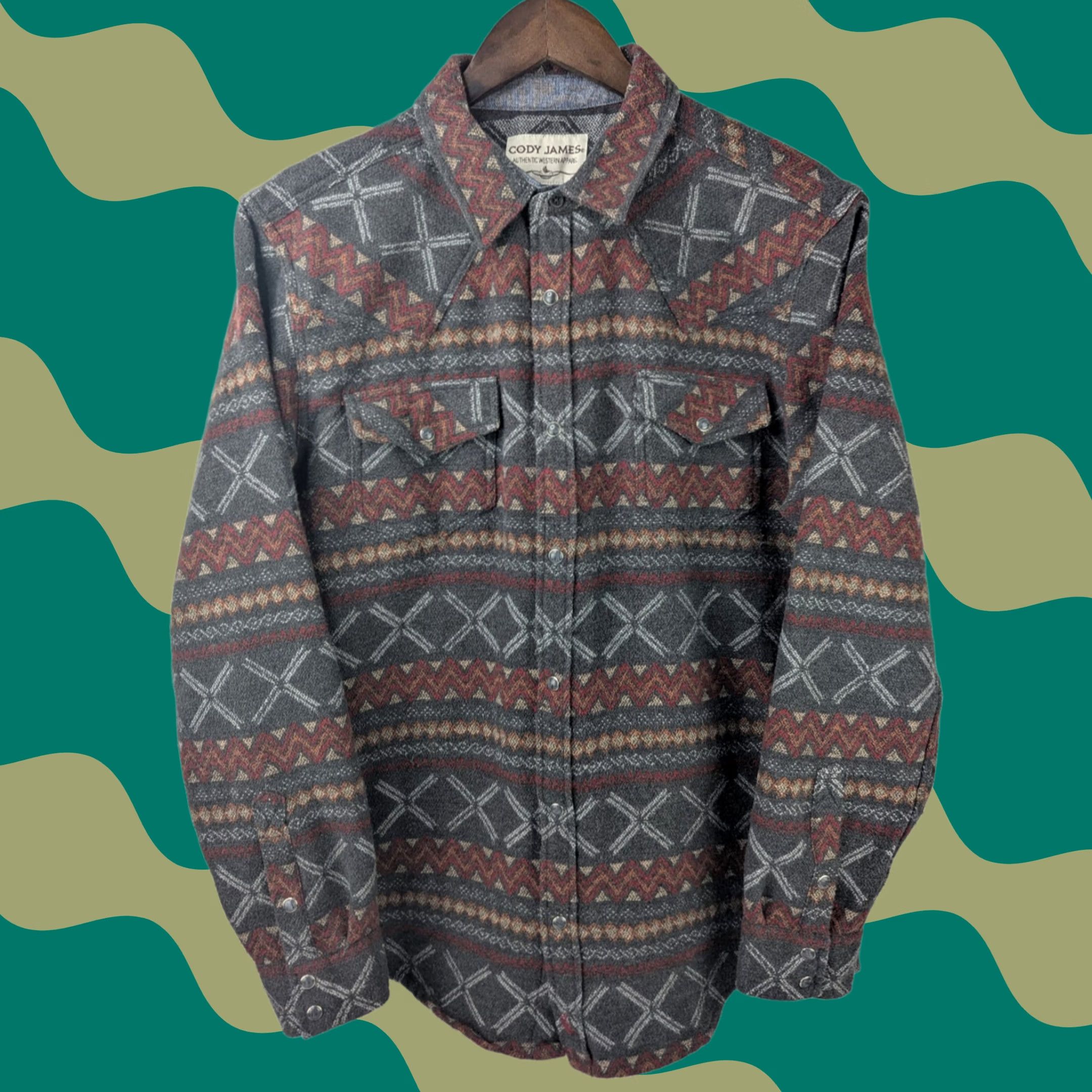 Cody James Cody James Shirt Mens L Southwestern Pearl Snap Long Sleeve Shacket Flannel Color: Gray Red Size US L / EU 52-54 / 3 - 1 Thumbnail