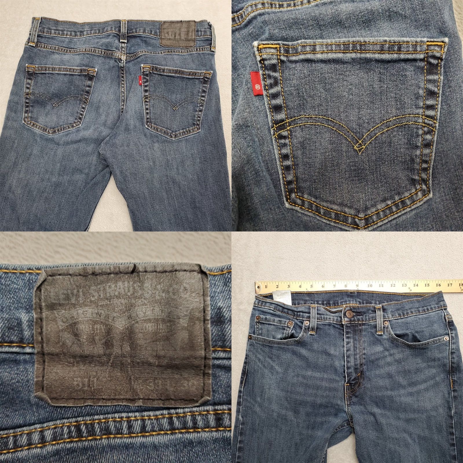 Denime Levis 511 Jeans Mens 33x30 Blue Denim Straight Leg Medium Wash Whiskered 5-Pocket Belt Loops Zip Closure Regular Inseam 29 Size US 33 - 8 Thumbnail