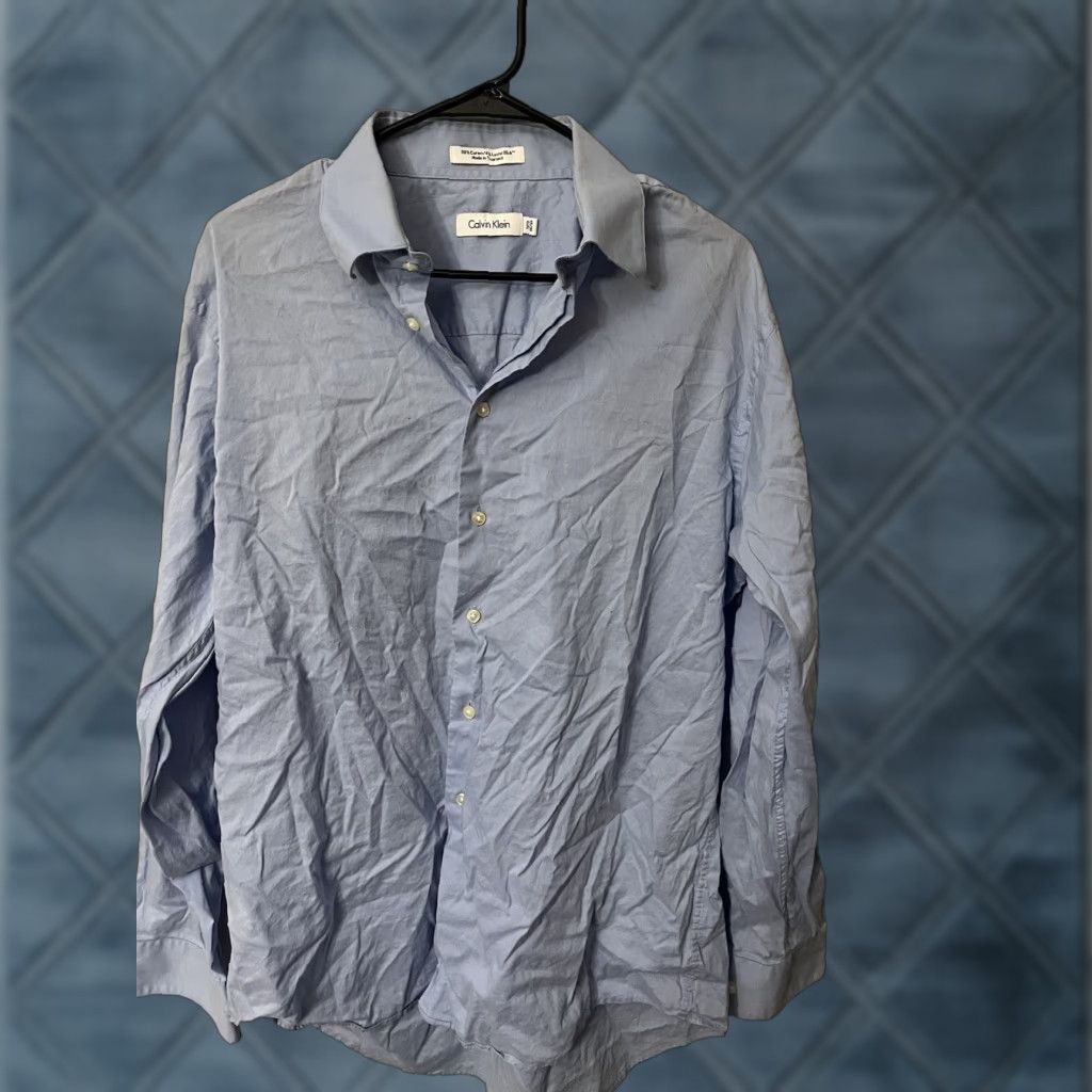 Vintage Calvin Klein Jeans Button-Up Shirt Men 16.5 Blue Solid Cotton Blend Long Sleeve Casual Business Comfort Classic Size US XL / EU 56 / 4 - 1 Thumbnail