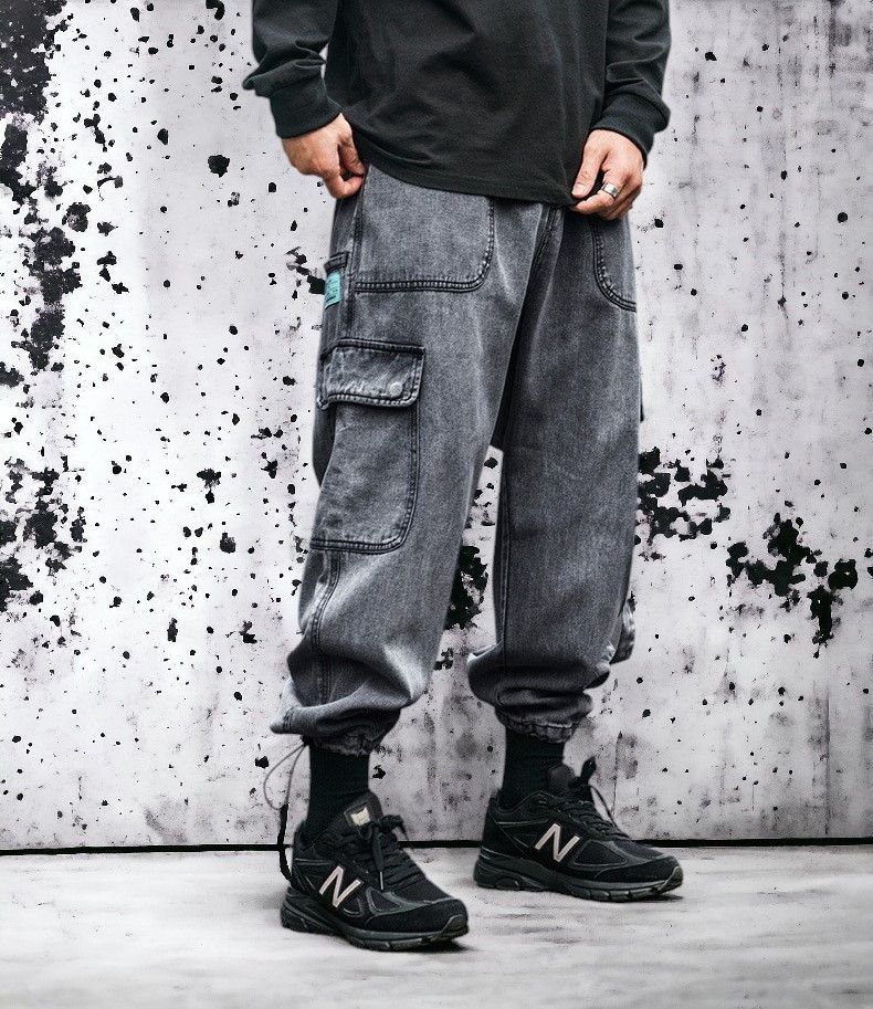 image of Gray Cargo Cropped Denim Jeans in Grey, Men's (Size 30)