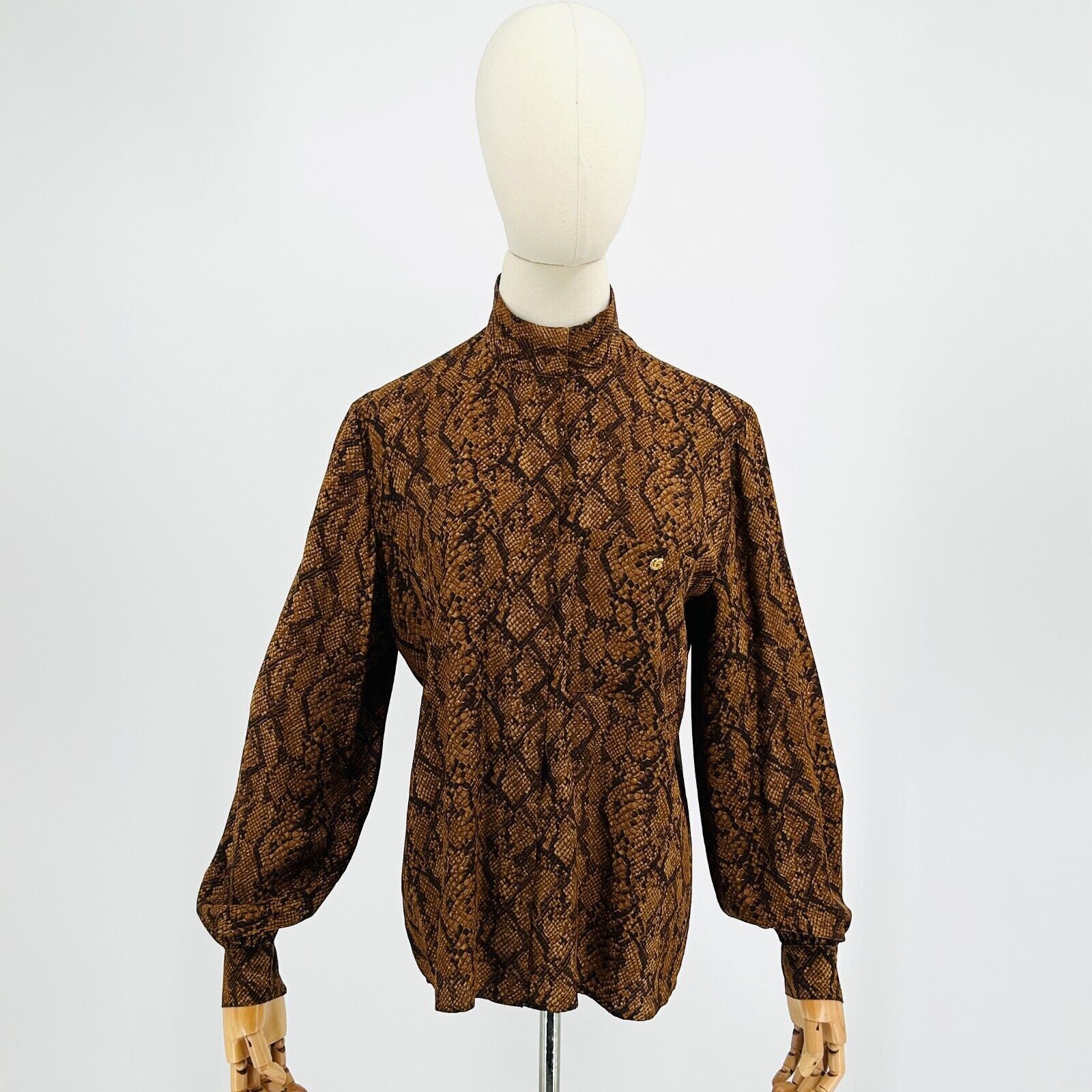 MAGGY LONDON 80s Maggy London Brown High Neck SnakeSkin 100% SILK Blouse Size S / US 4 / IT 40 - 1 Thumbnail